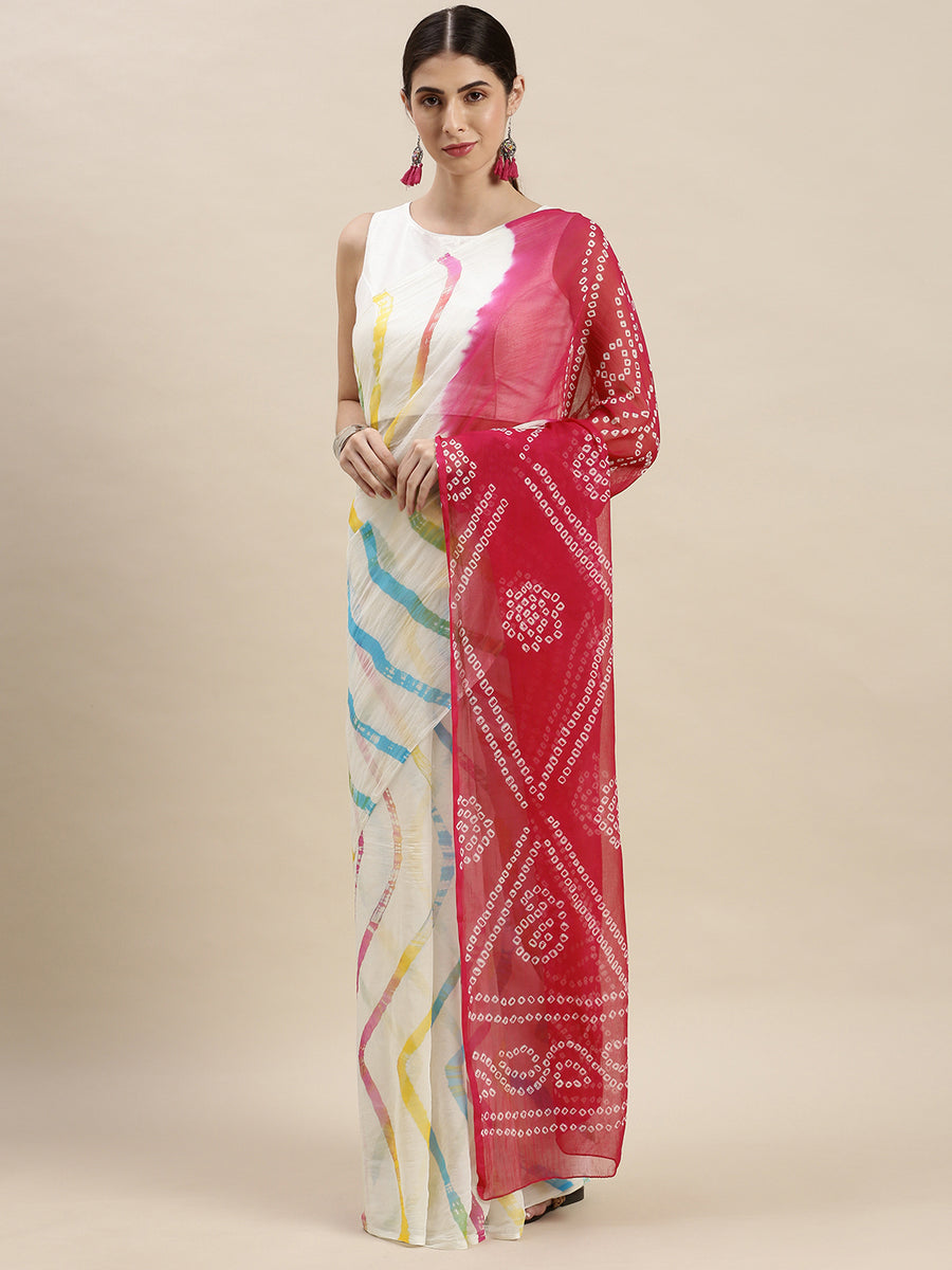 Red & White Bandhani With Leheriya Chiffon Saree