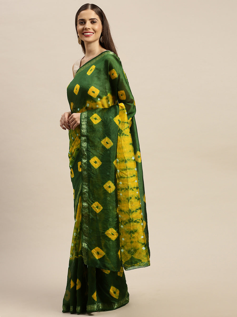 Green & Yellow Hand Dyed Bandhani Zari Work Art Silk Saree