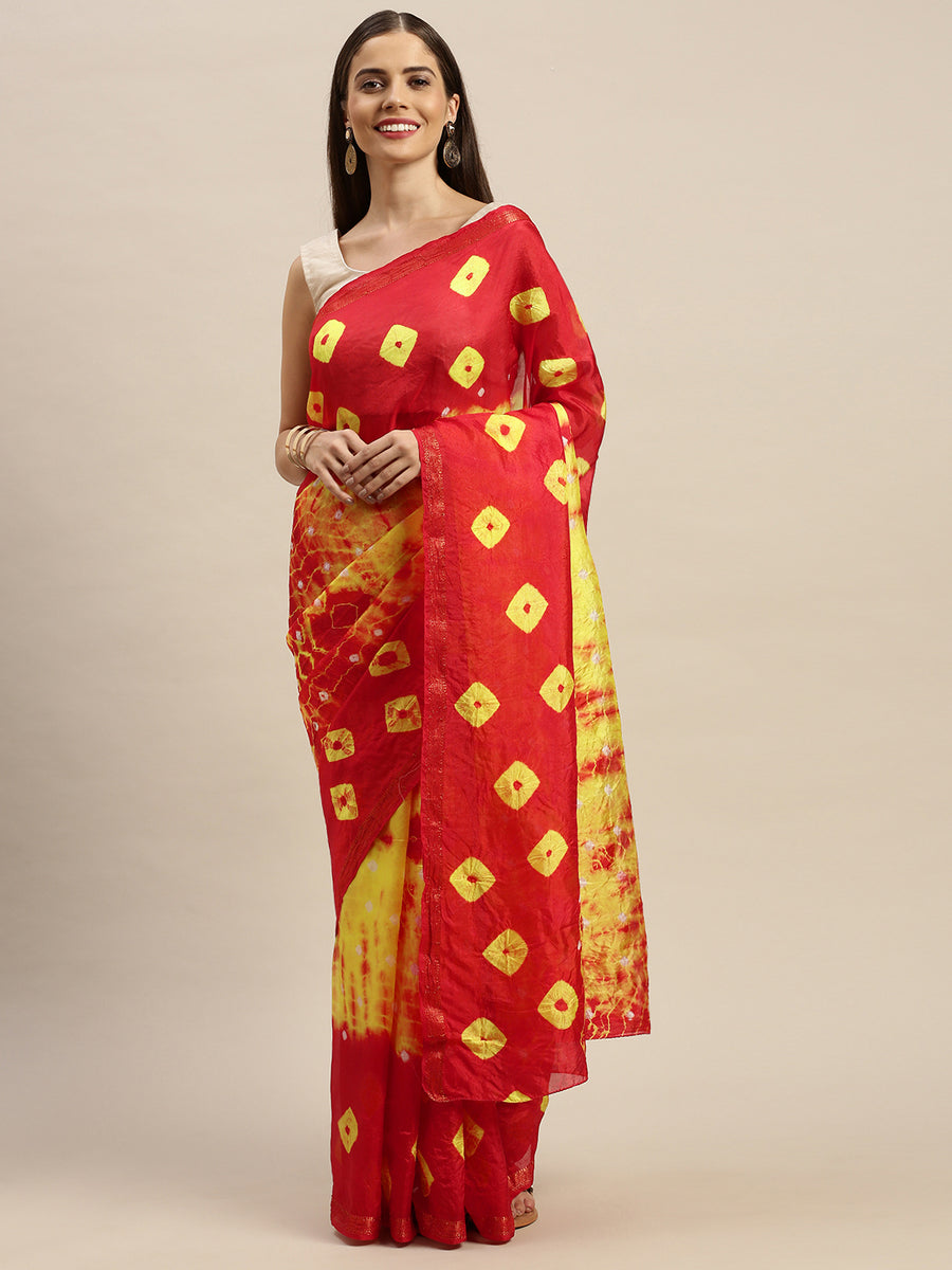 Red-Yellow Bandhani Art Silk Saree With Zari Border