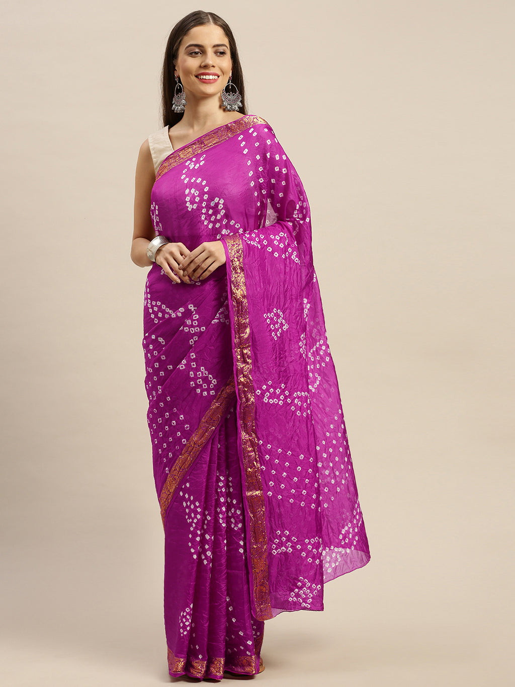 Pink Hand Dyed Bandhani Zari Work Art Silk Saree