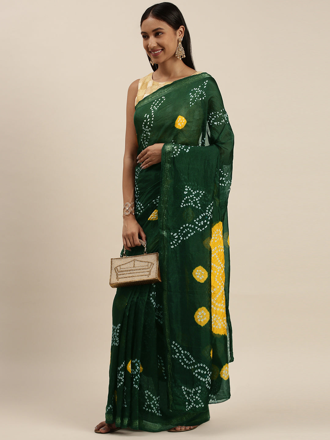 Green Hand Dyed Bandhani Zari Work Art Silk Saree