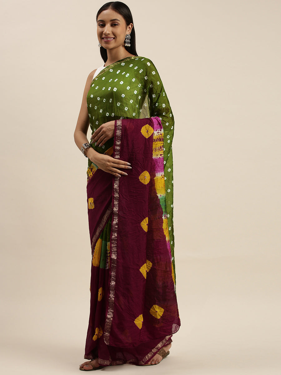 Maroon Shaded Bandhani Zari Work Art Silk Saree