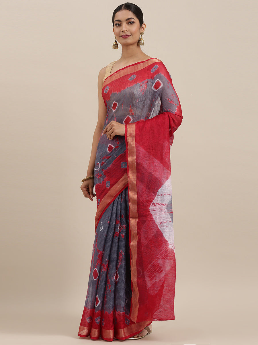 Grey Bandhani Zari Border Kota Doria Silk Saree
