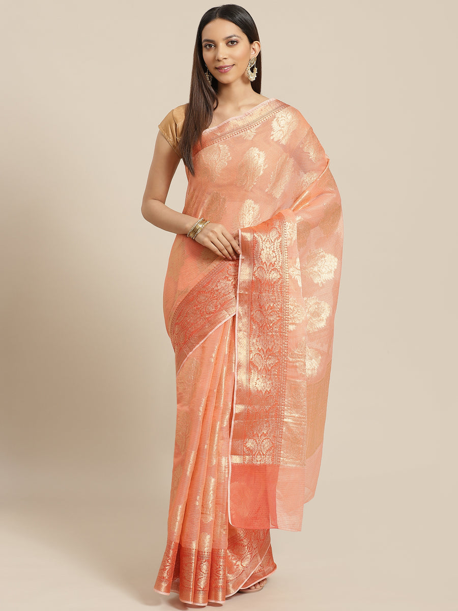 Peach Floral Printed Zari Woven Design Kota Doria Silk Saree