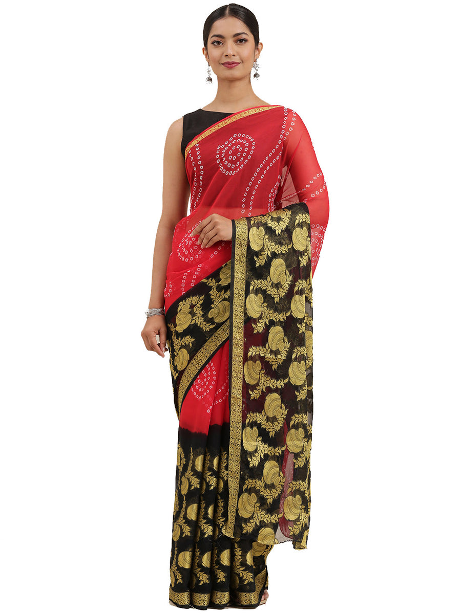 Red & Black Hand Dyed Bandhani Zari Work Chiffon Saree