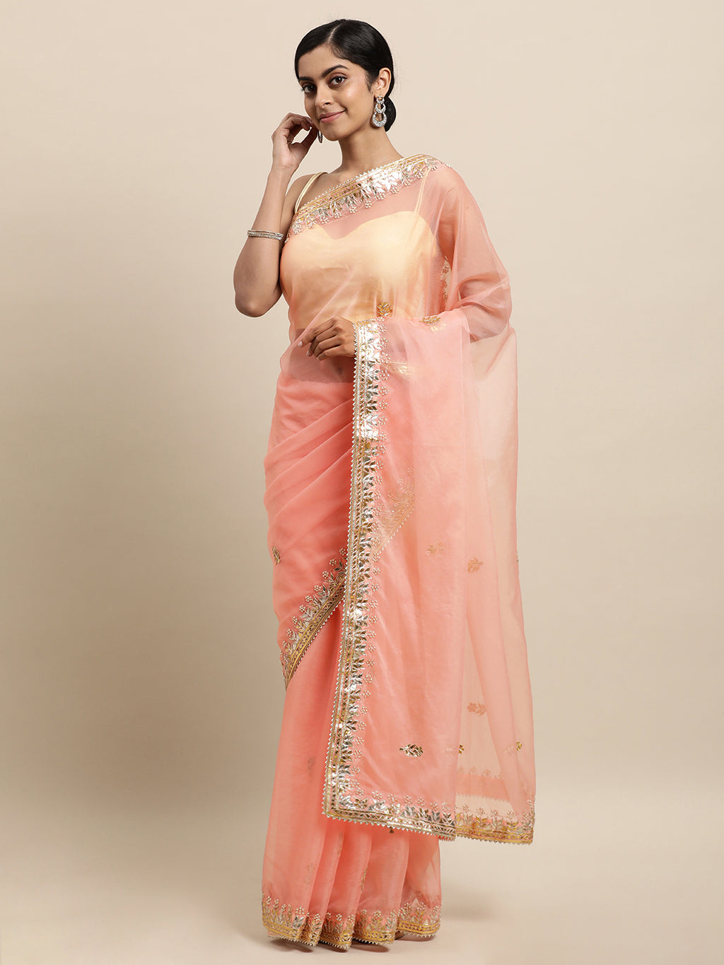 Peach HandCrafted Gota Patti Work Organza Saree