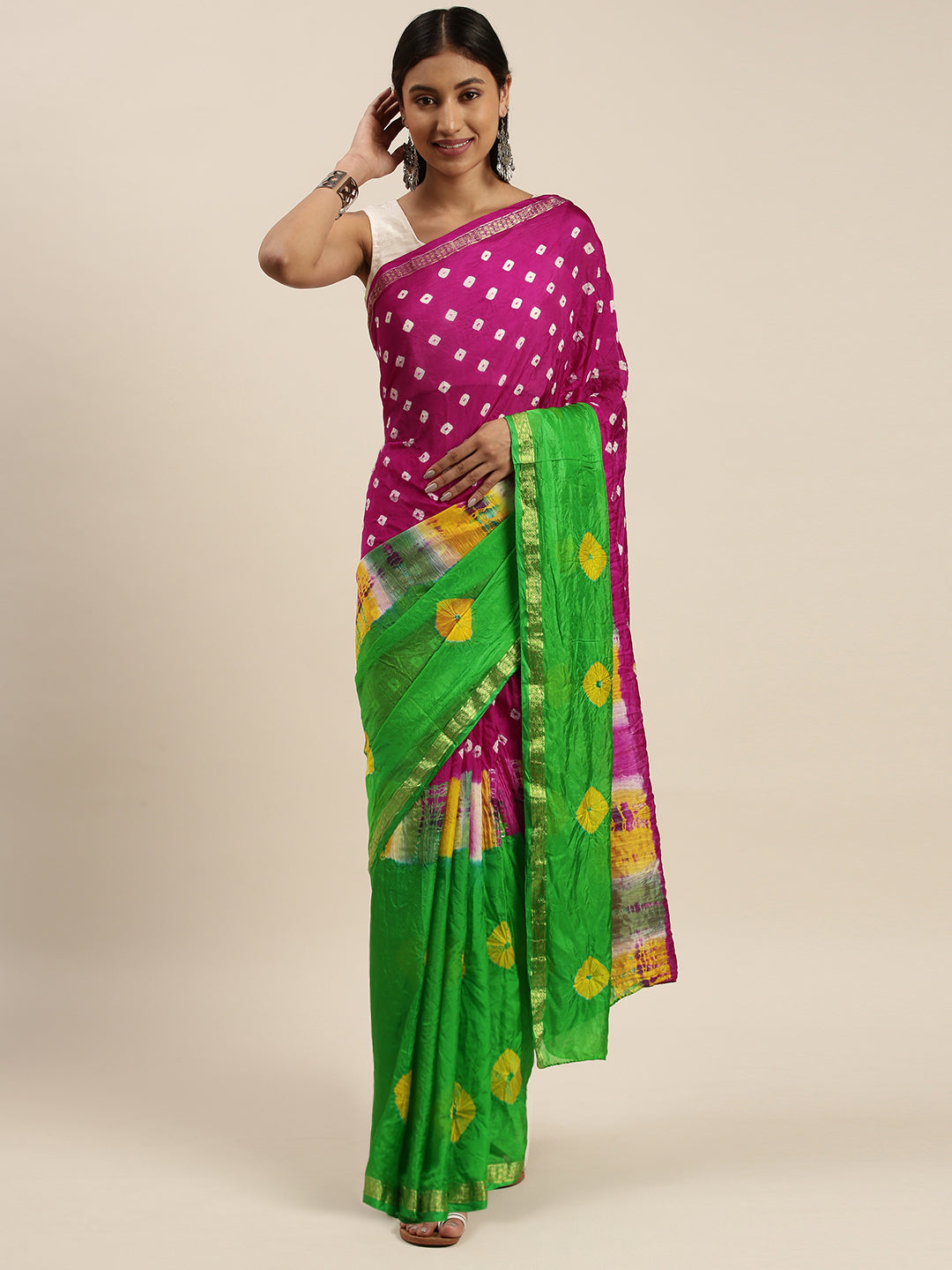 Pink & Green Hand Dyed Bandhani Zari Work Art Silk Saree