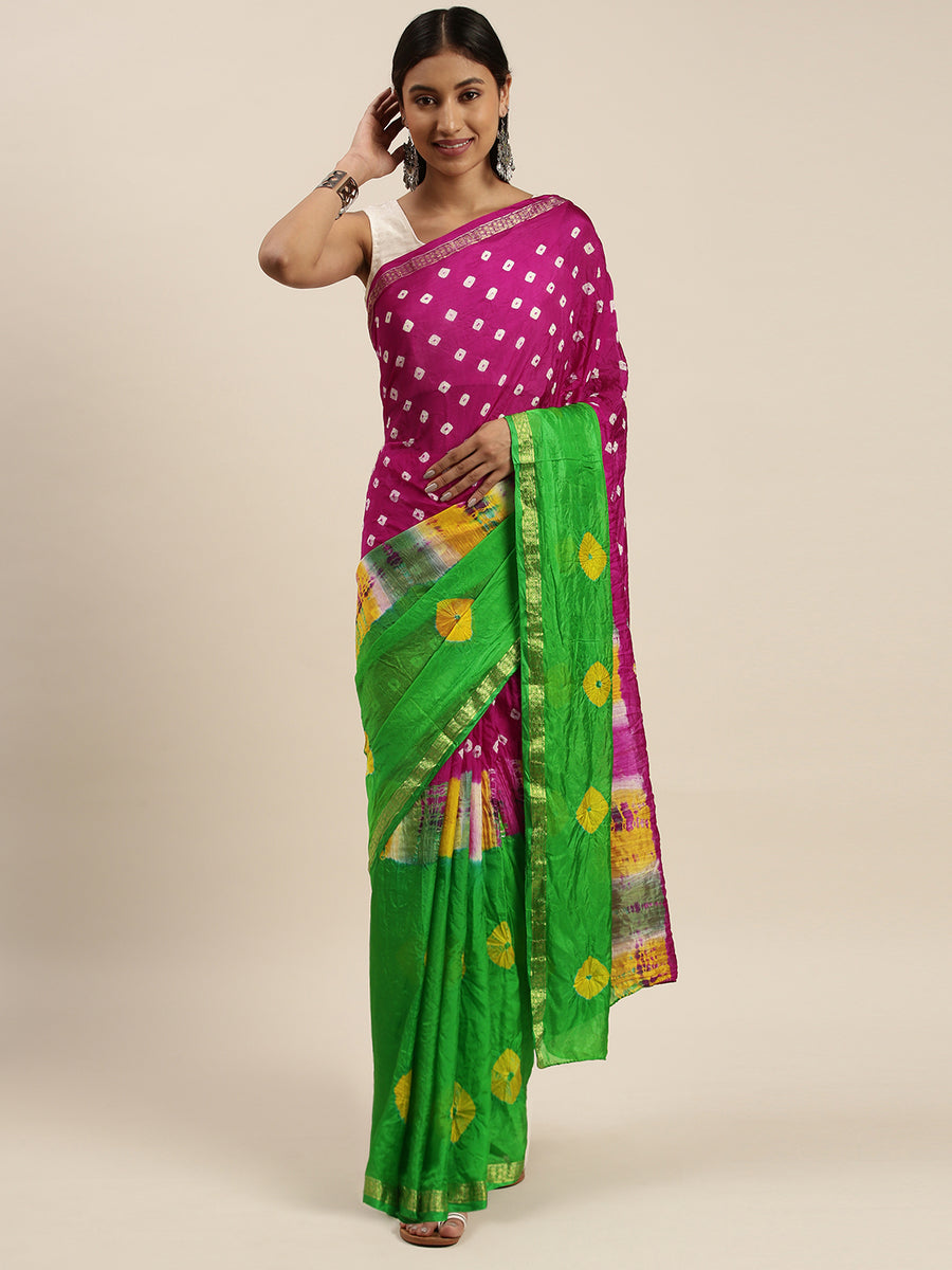 Pink & Green Hand Dyed Bandhani Zari Work Art Silk Saree