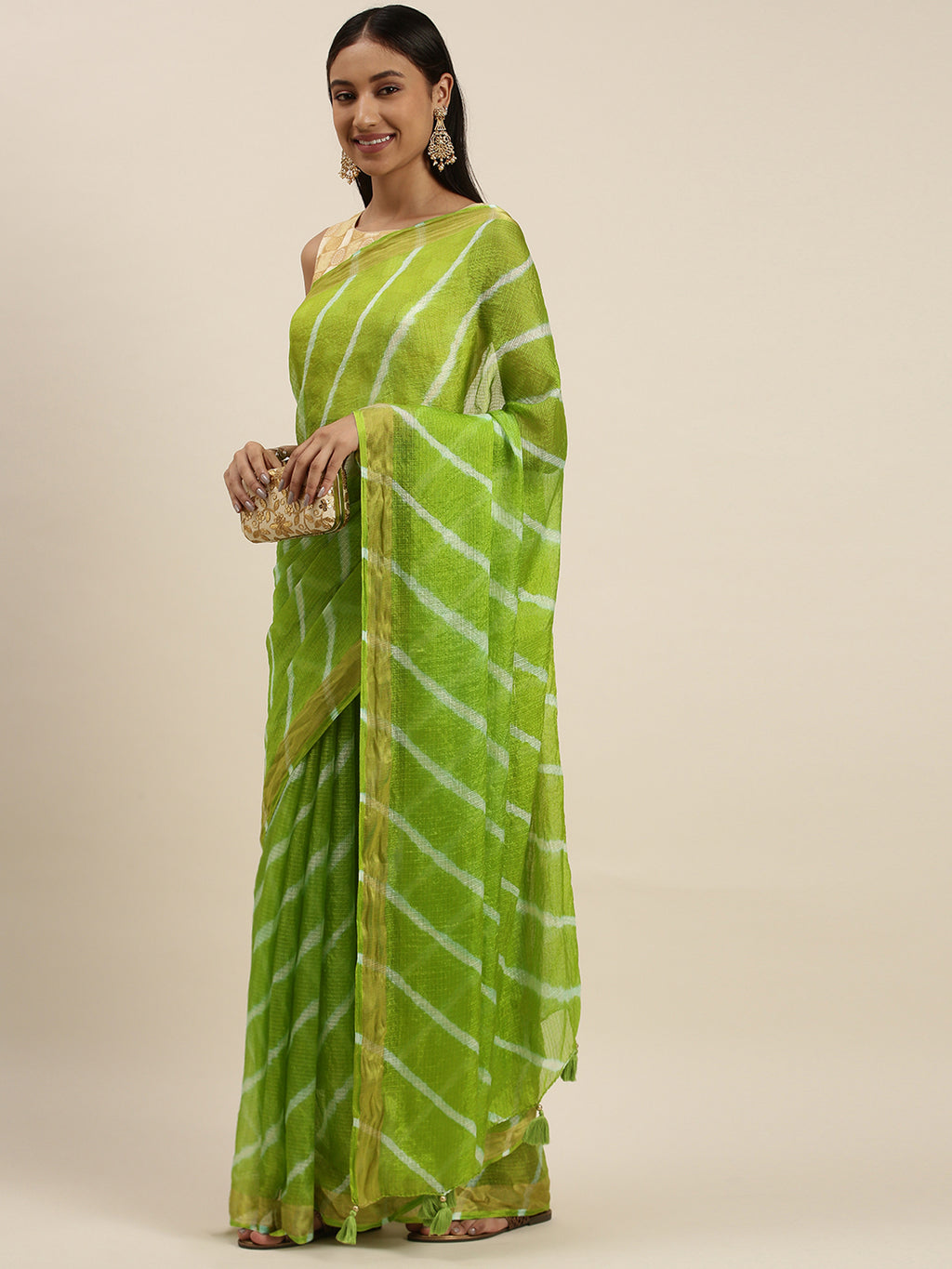 Green Hand Dyed Leheriya Zari Border Kota Doria Silk Saree