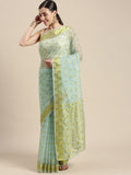 Blue Floral Printed Zari Work Organza Saree