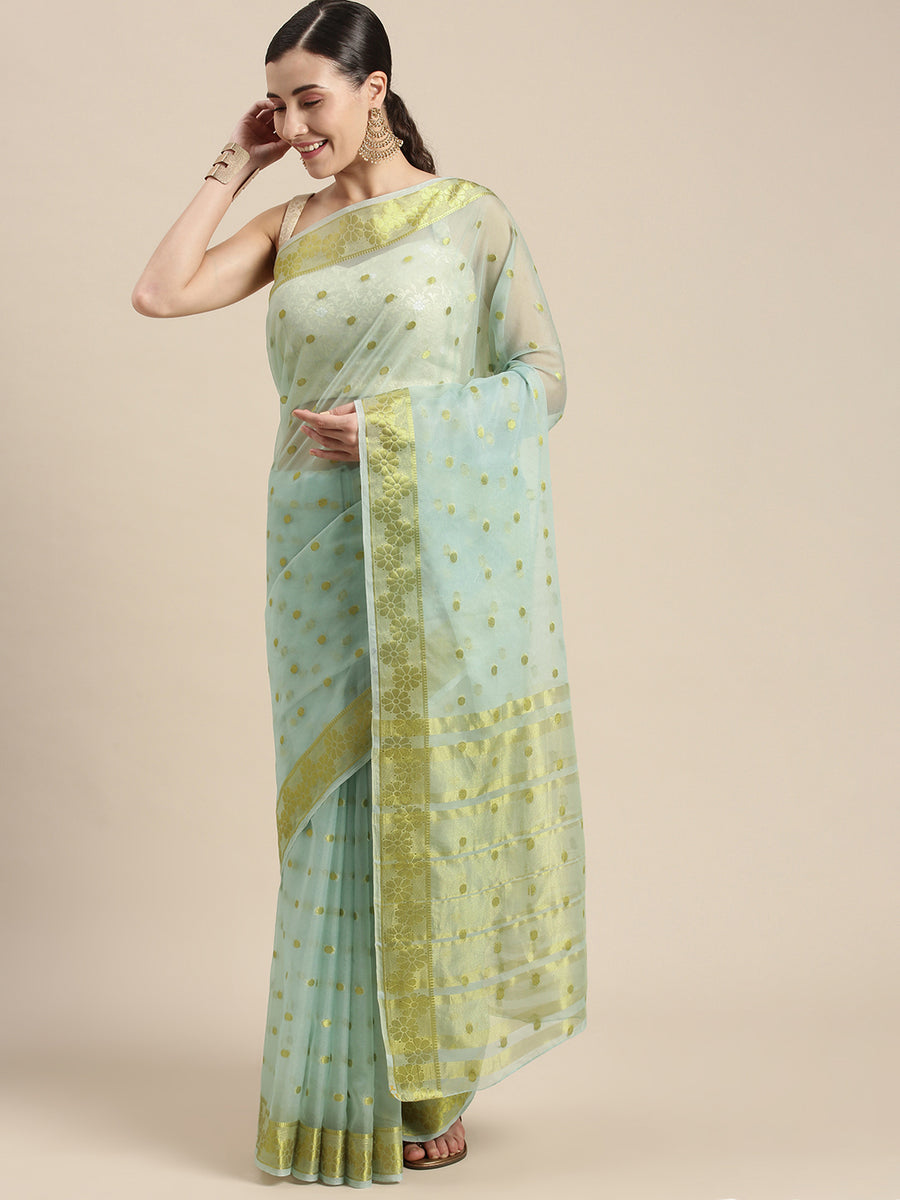 Blue Floral Printed Zari Work Organza Saree