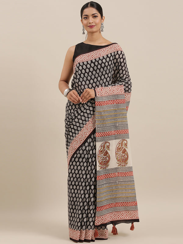 Black & Maroon Bagru Hand Block Printed Pure Cotton Saree