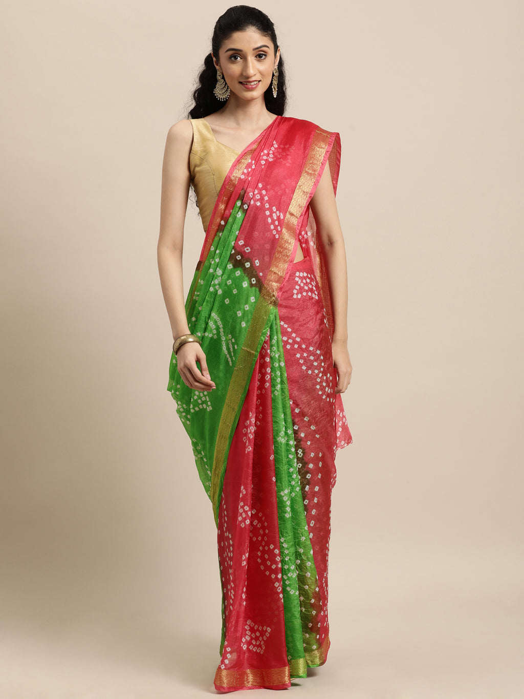 Green Shaded Bandhani Zari Work Art Silk Saree