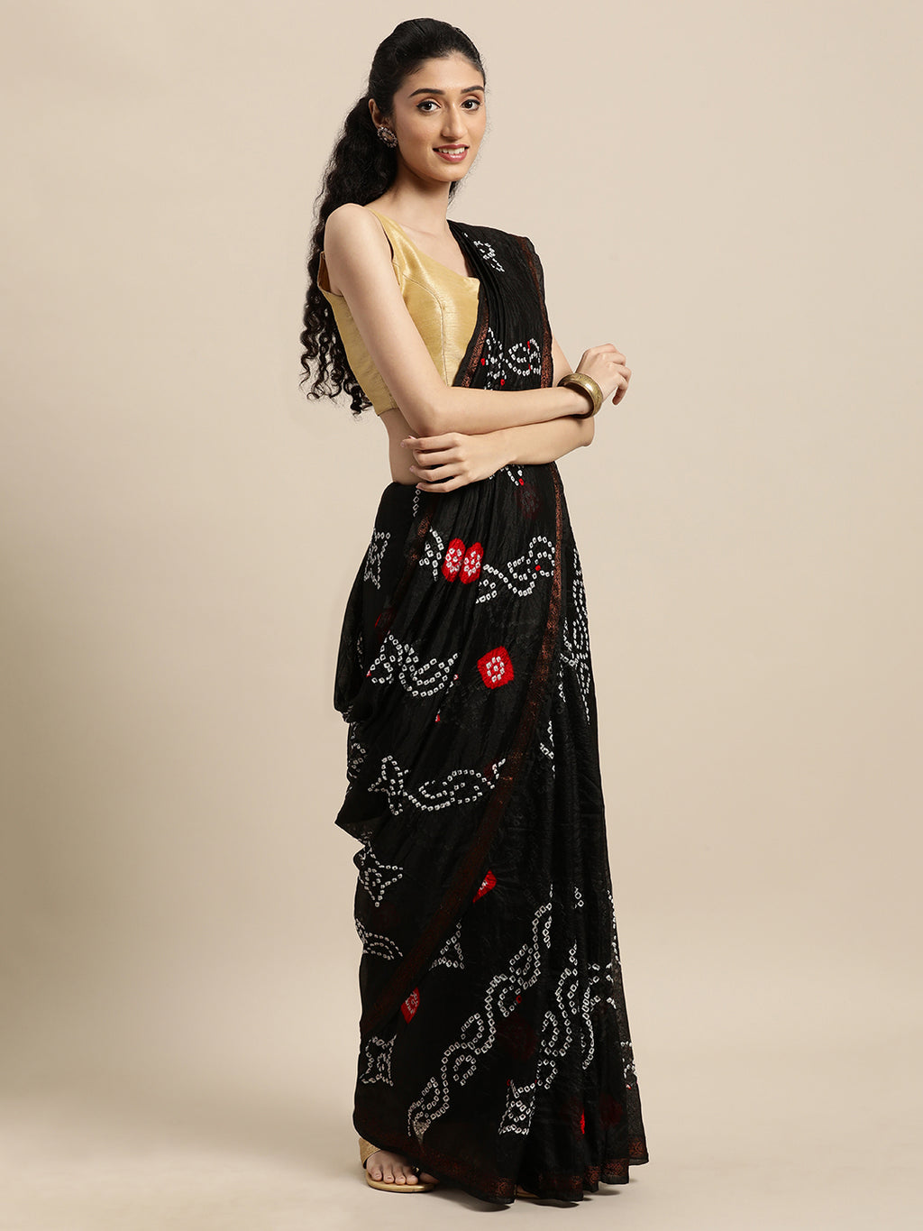 Black Hand Dyed Bandhani Art Silk Saree With Zari Border
