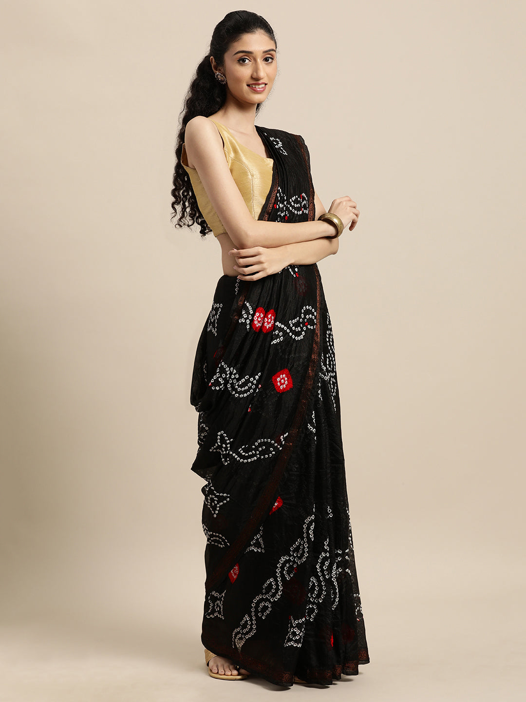 Black Hand Dyed Bandhani Art Silk Saree With Zari Border