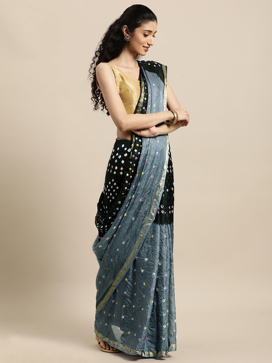Black Shaded Bandhani Art Silk Saree With Zari Border