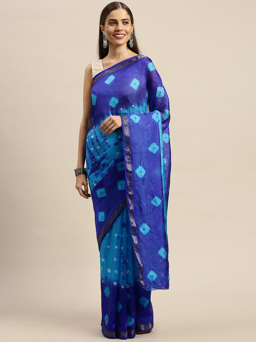 Turquoise Blue Hand Dyed Bandhani Zari Work Art Silk Saree