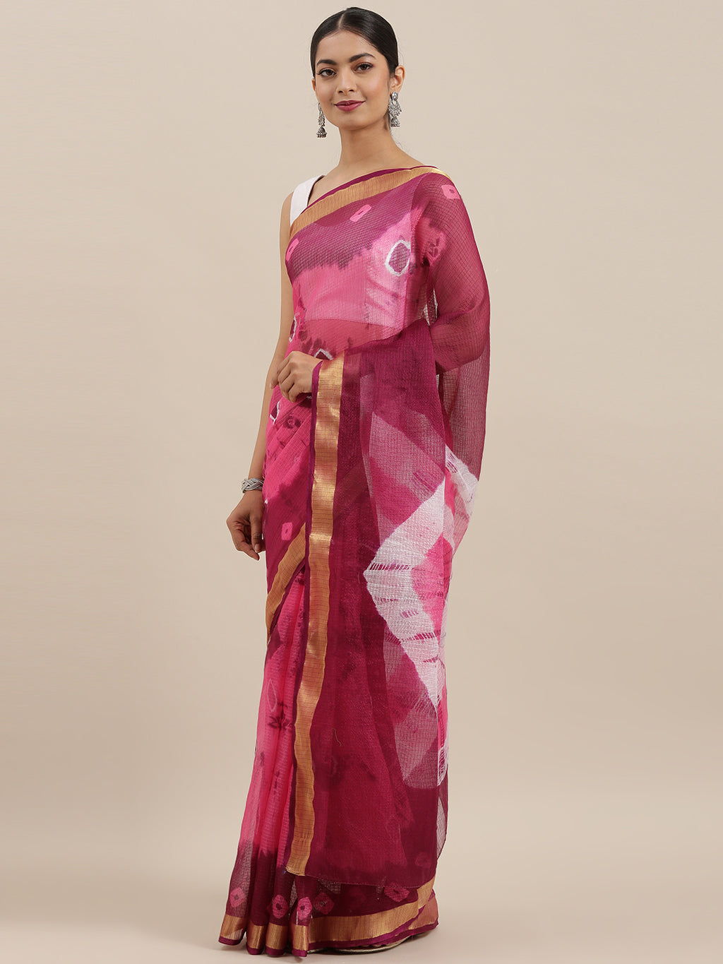 Hand Dyed Pink & Wine  Bandhani Kota Silk Saree