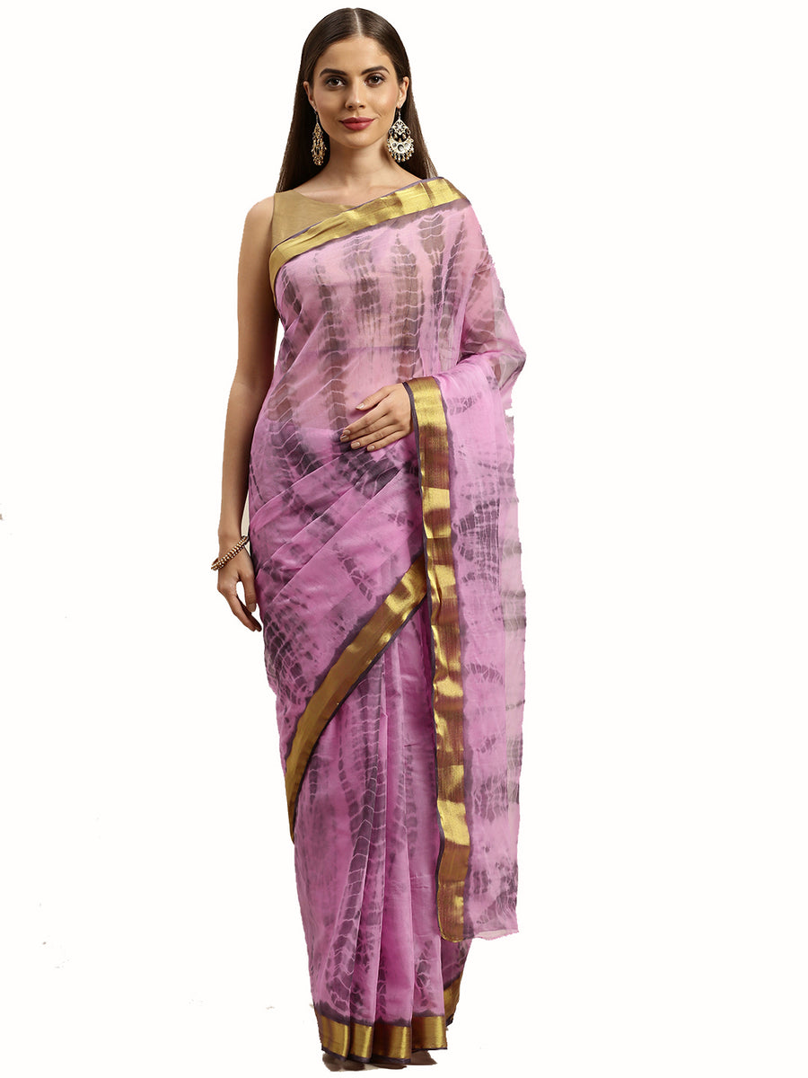 Pink Hand Dyed Shibori Poly Chiffon Saree