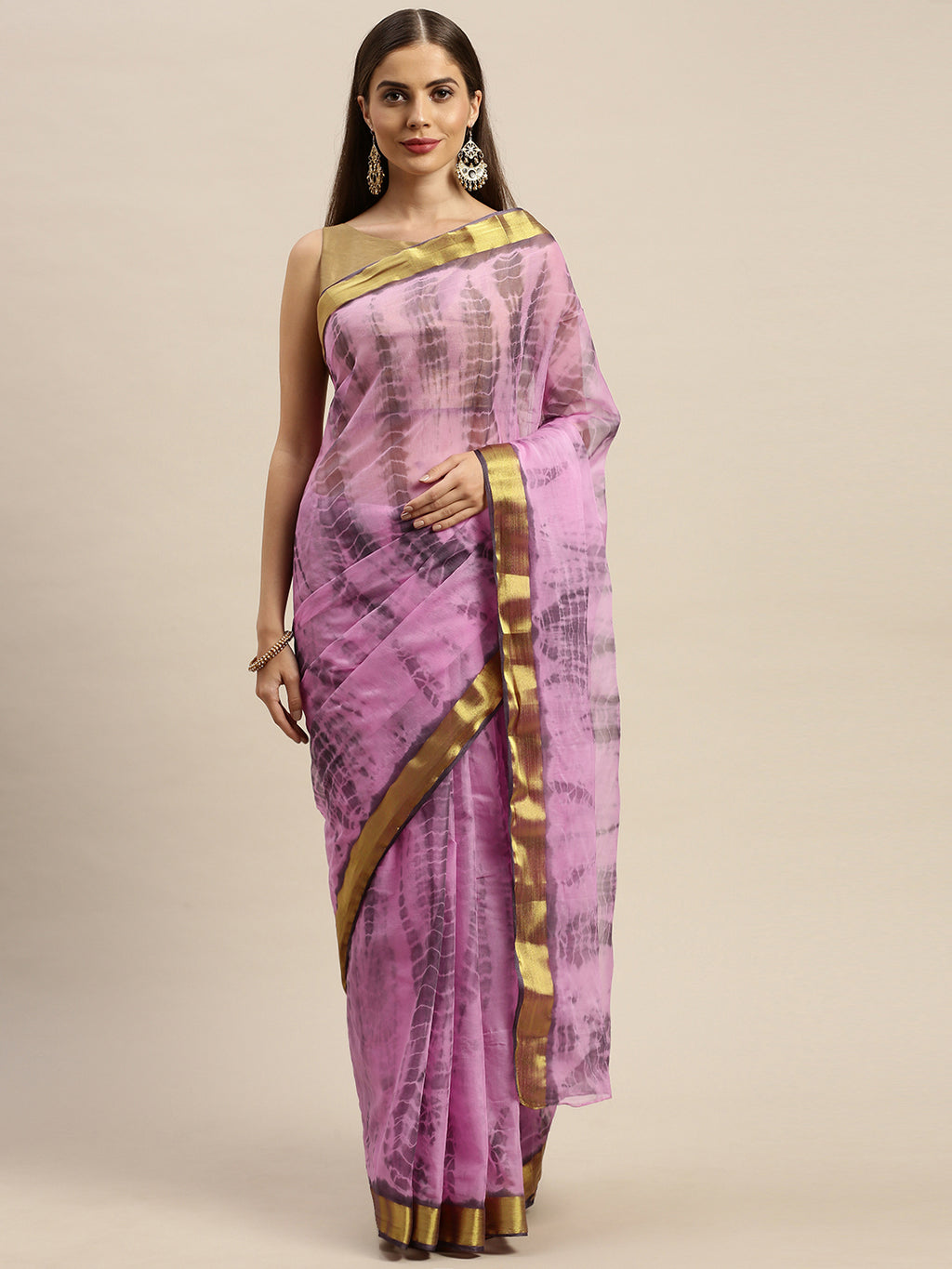Pink Hand Dyed Shibori Poly Chiffon Saree