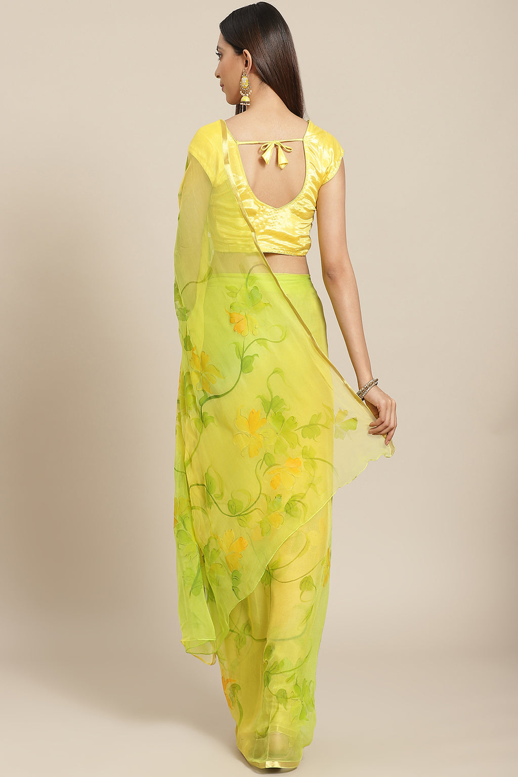 Yellow & Lime Hand Painted Floral Chiffon Saree