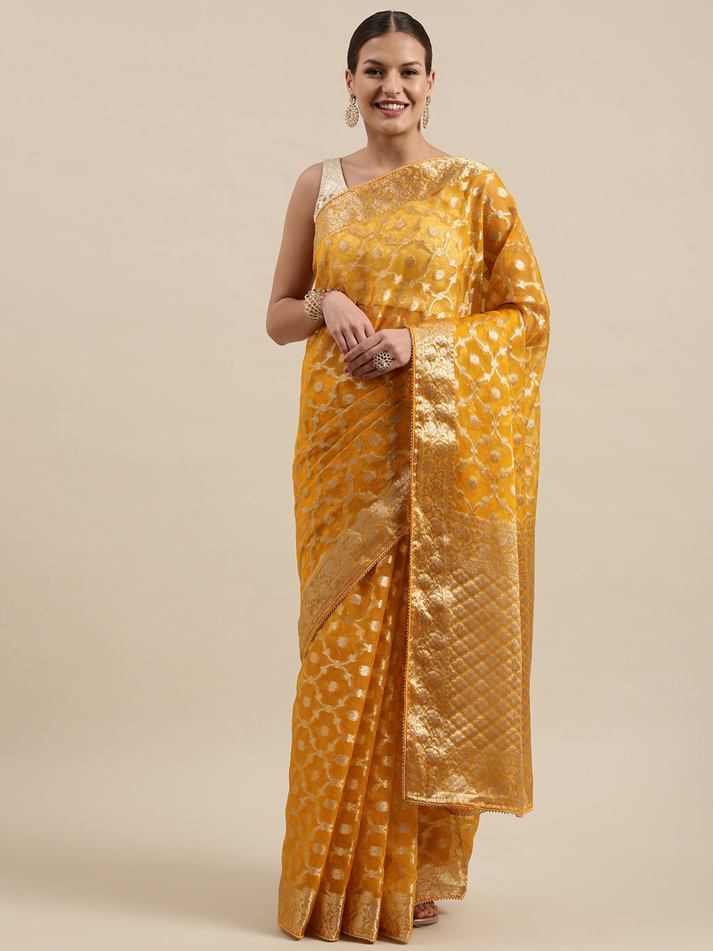 Yellow Floral Zari Organza Banarasi Saree