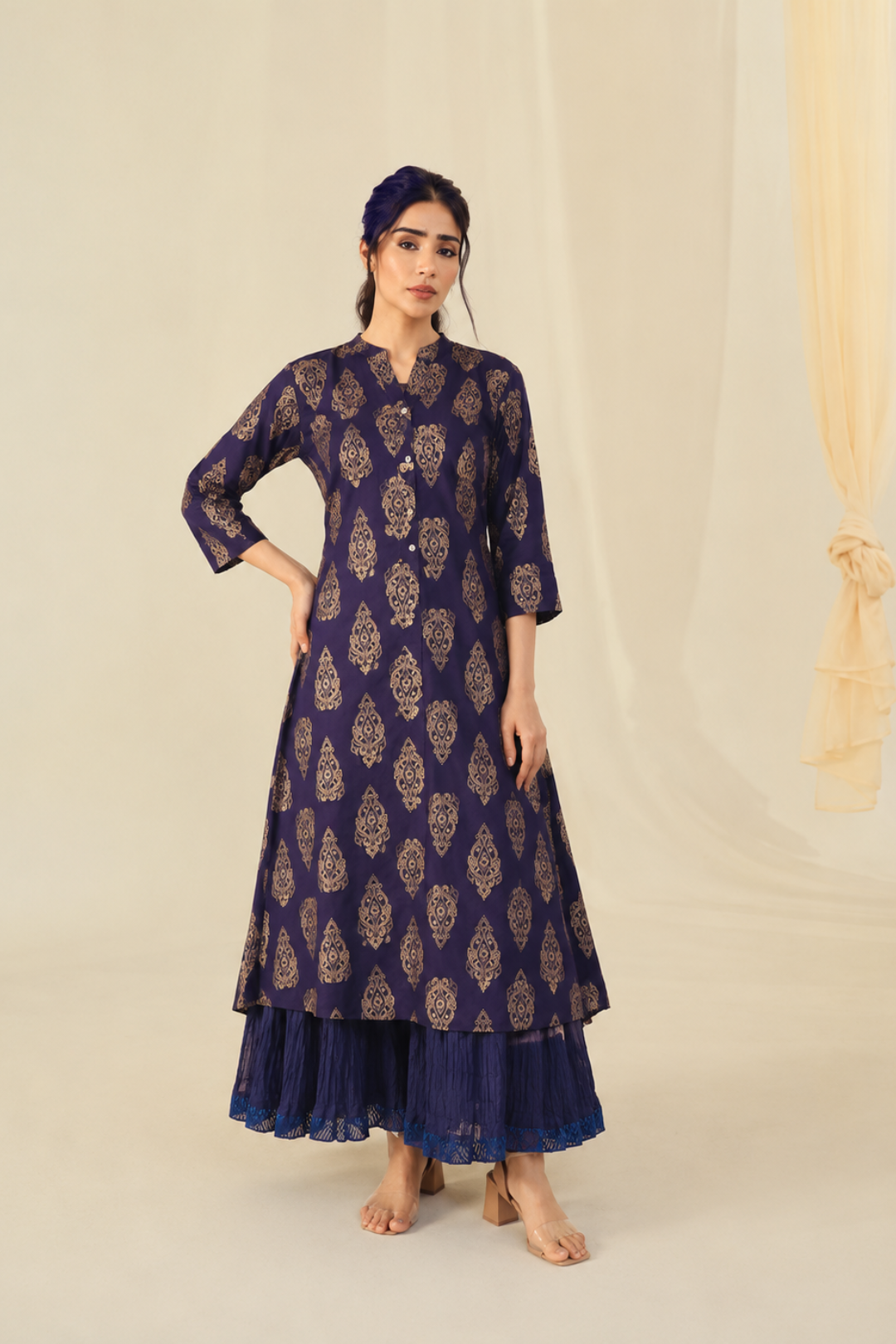 Blue Woven Printed A-Line Cotton Kurta