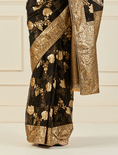 Black Handcrafted Zari Woven Organza Banarasi Saree