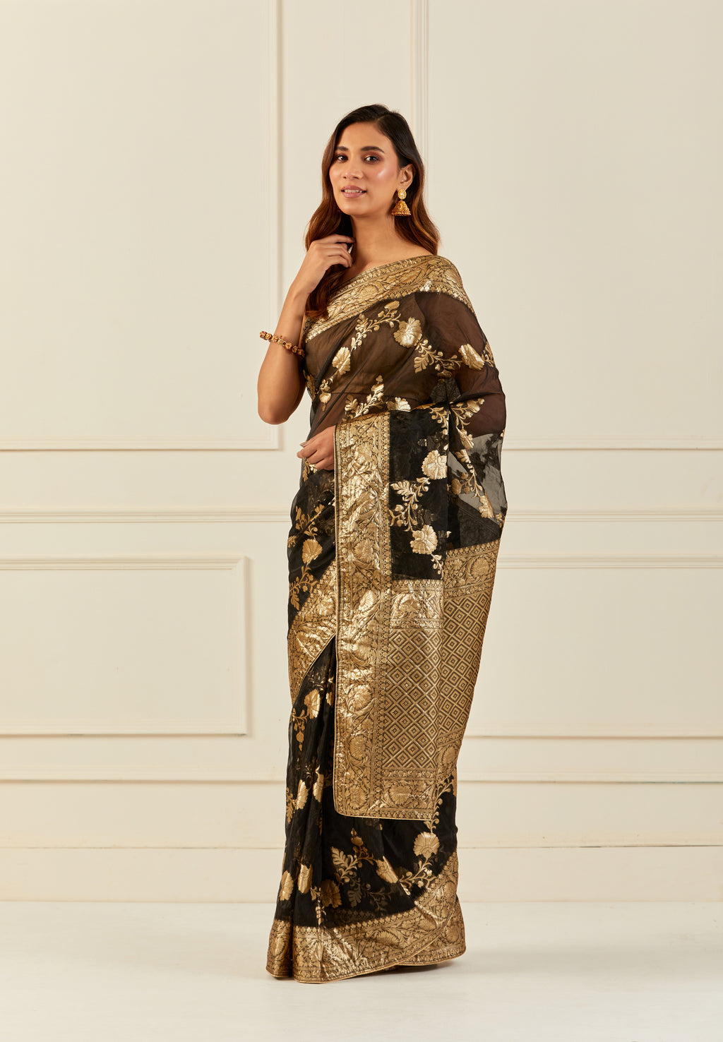 Black Handcrafted Zari Woven Organza Banarasi Saree
