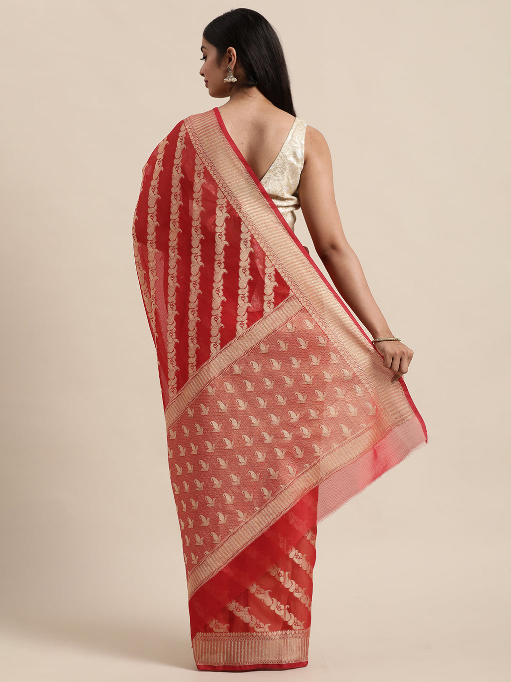 Red Floral Printed Zari Work Kota Doria Silk Saree