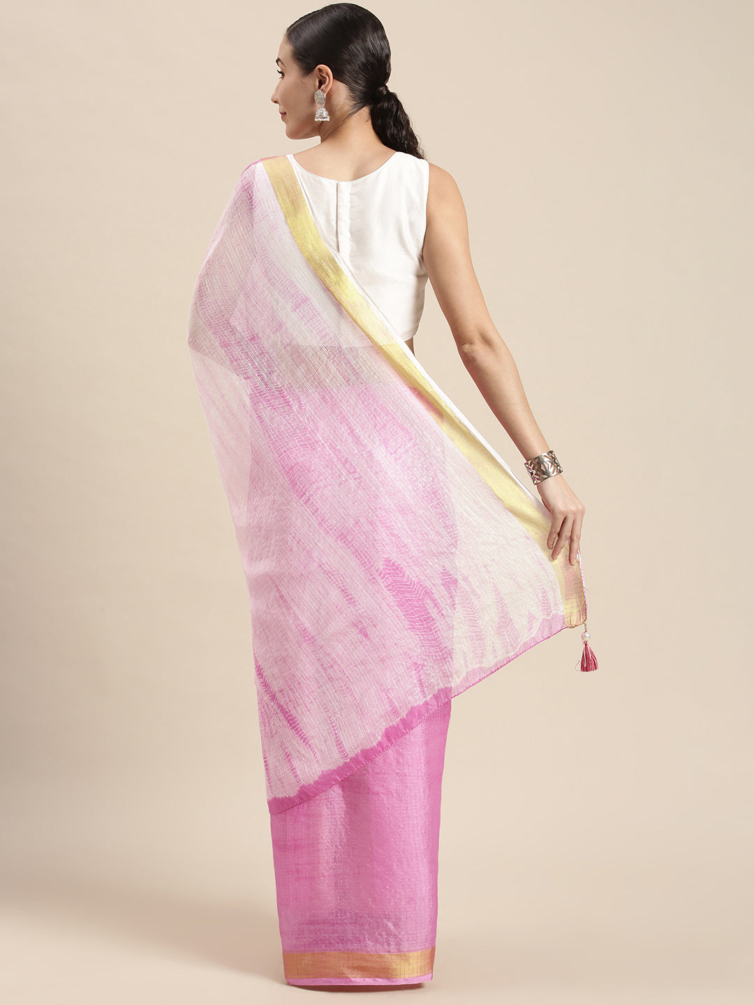Pink & White Shaded Hand Dyed Shibori Art Kota Silk Saree