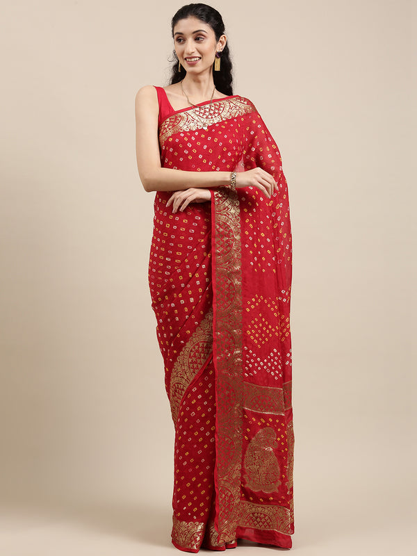 Red & Gold-Toned Bandhani Zari Silk Blend Bandhani Saree