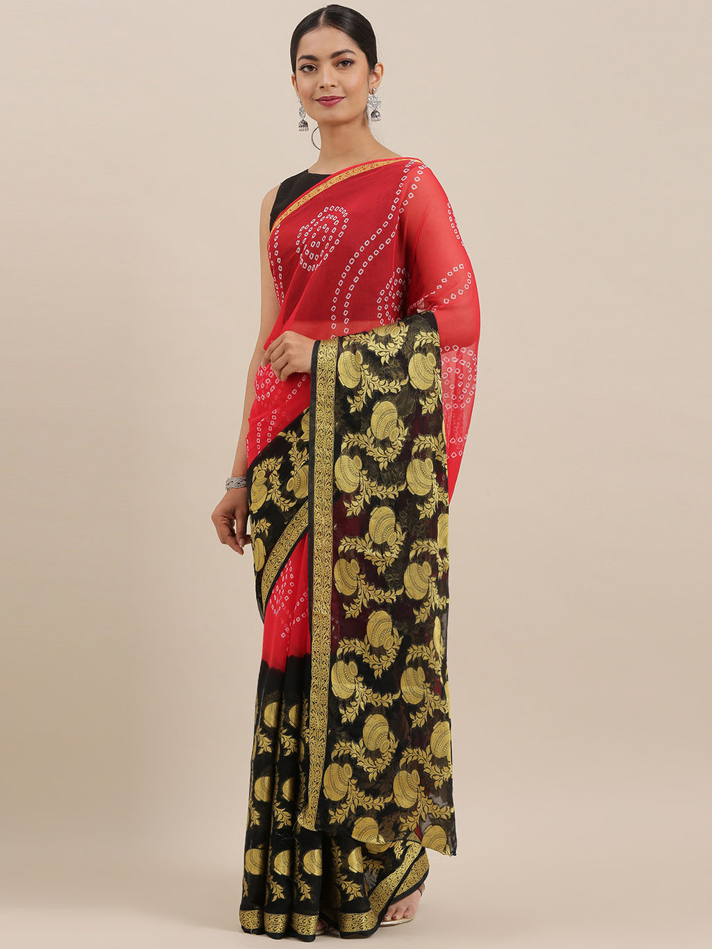 Red & Black Hand Dyed Bandhani Zari Work Chiffon Saree