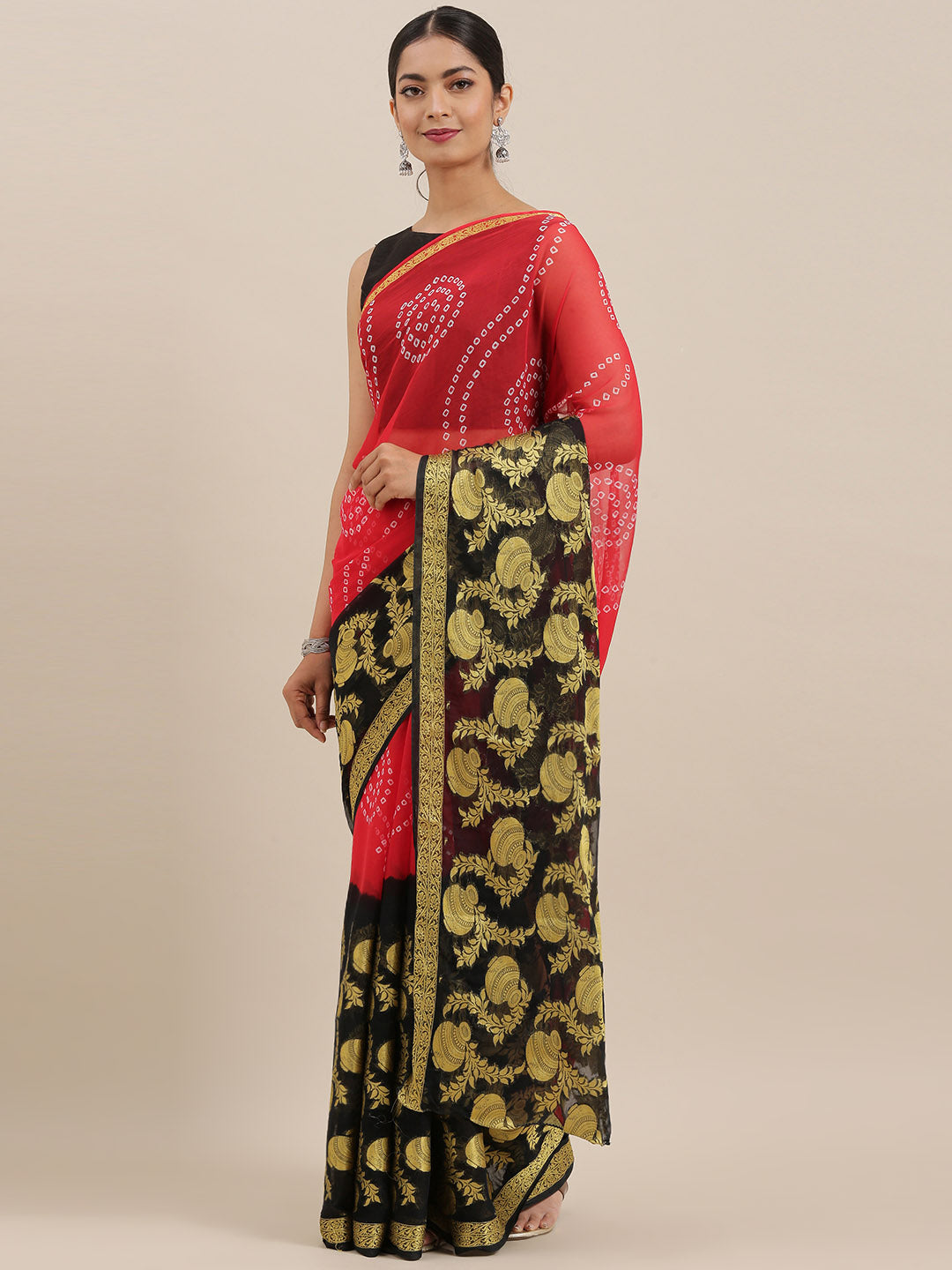 Red & Black Hand Dyed Bandhani Zari Work Chiffon Saree
