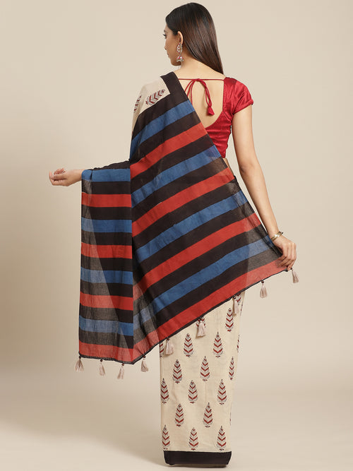 Beige Indigo Hand Block Printed Bagru Cotton Sustainable Saree