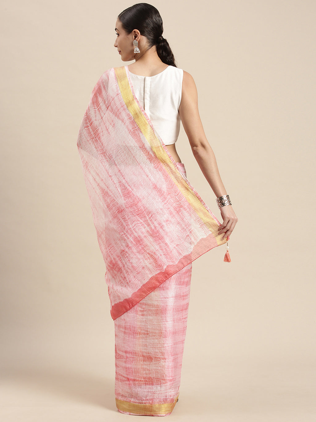 Peach Shibori Print Kota Doria Silk Saree With Zari Border