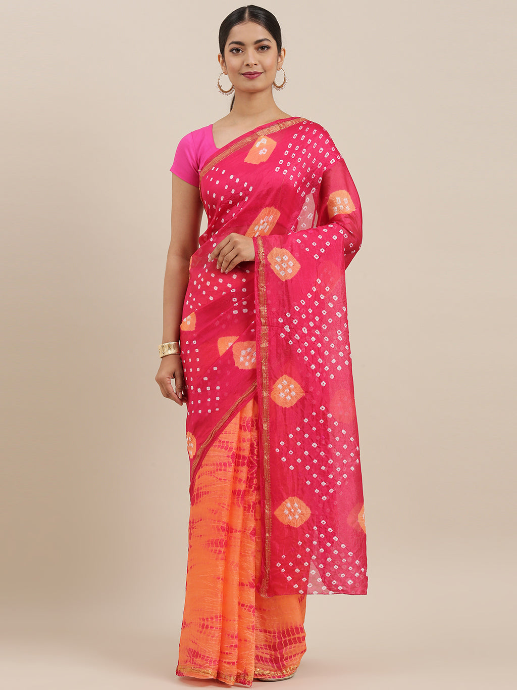 Pink & Orange Bandhani Zari Border Art Silk Saree