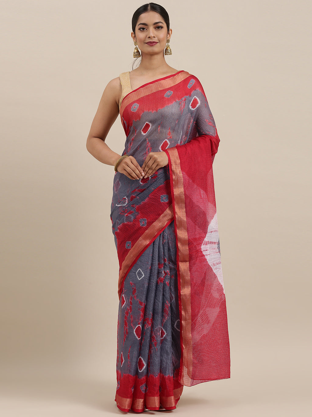 Grey Bandhani Zari Border Kota Doria Silk Saree