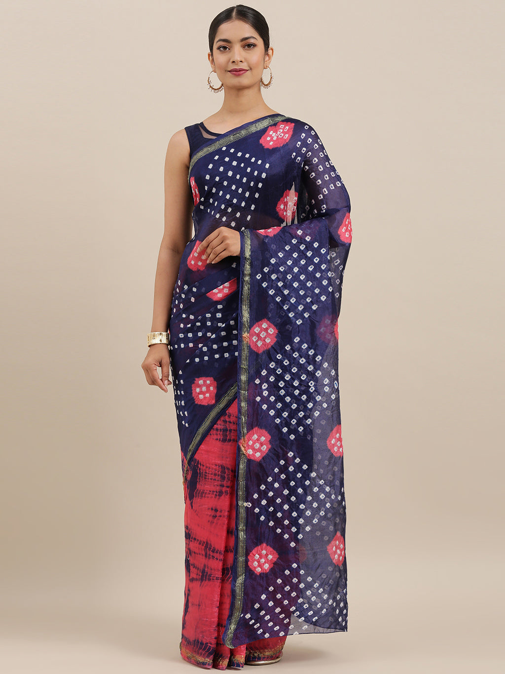 Pink & Blue Art Silk Bandhani Saree