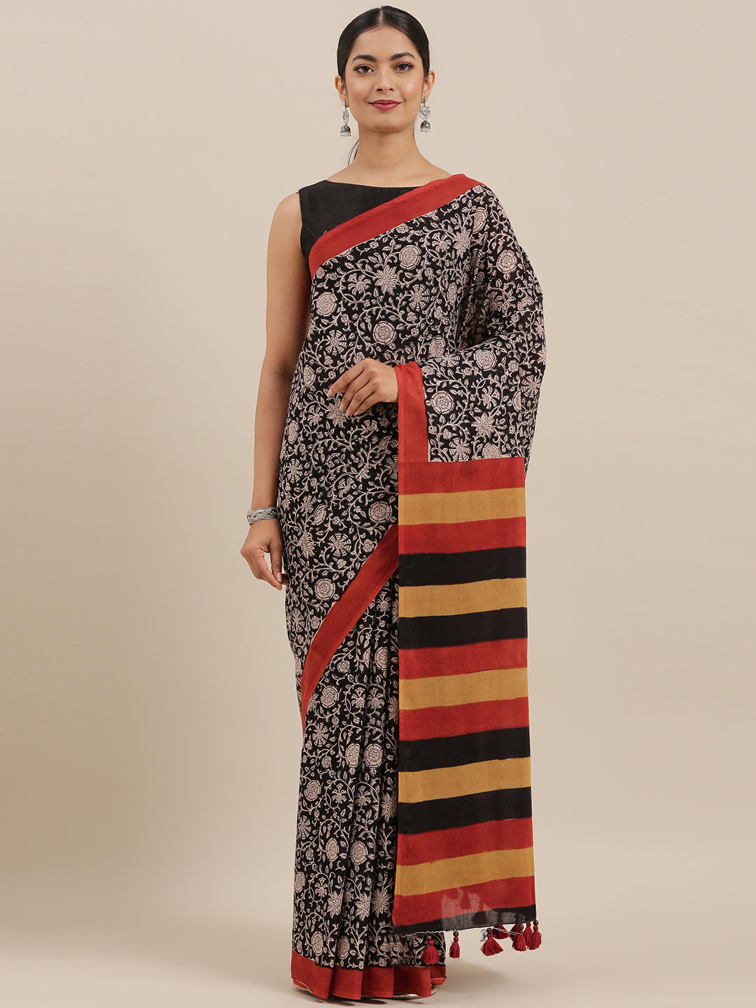 Black & Red Hand Block Printed Bagru Cotton Sustainable Saree