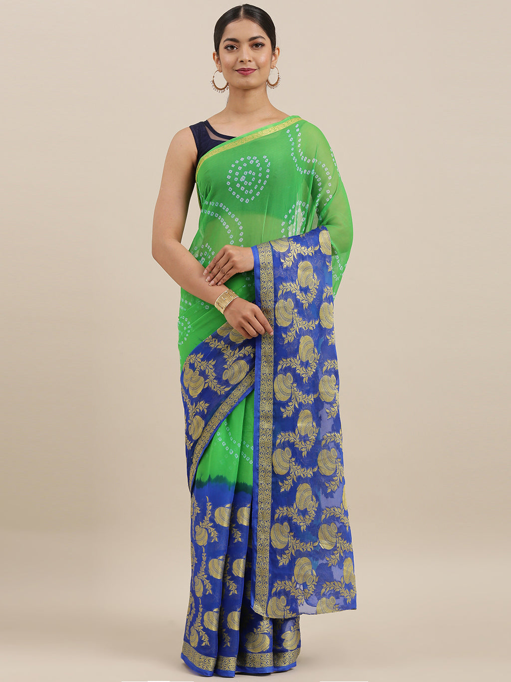 Blue & Green Bandhani Zari Work Chiffon Saree