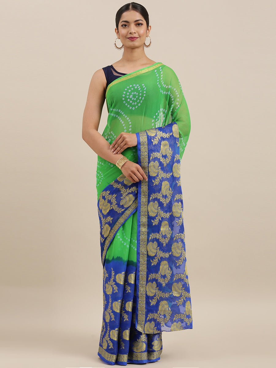 Blue & Green Bandhani Zari Work Chiffon Saree
