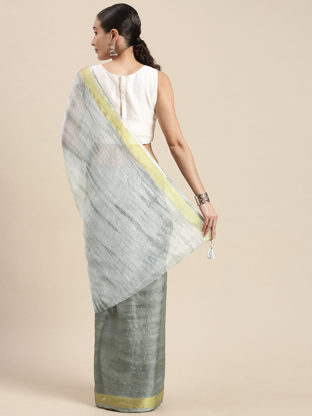 Grey Shibori Print Zari Border Kota Doria Silk Saree