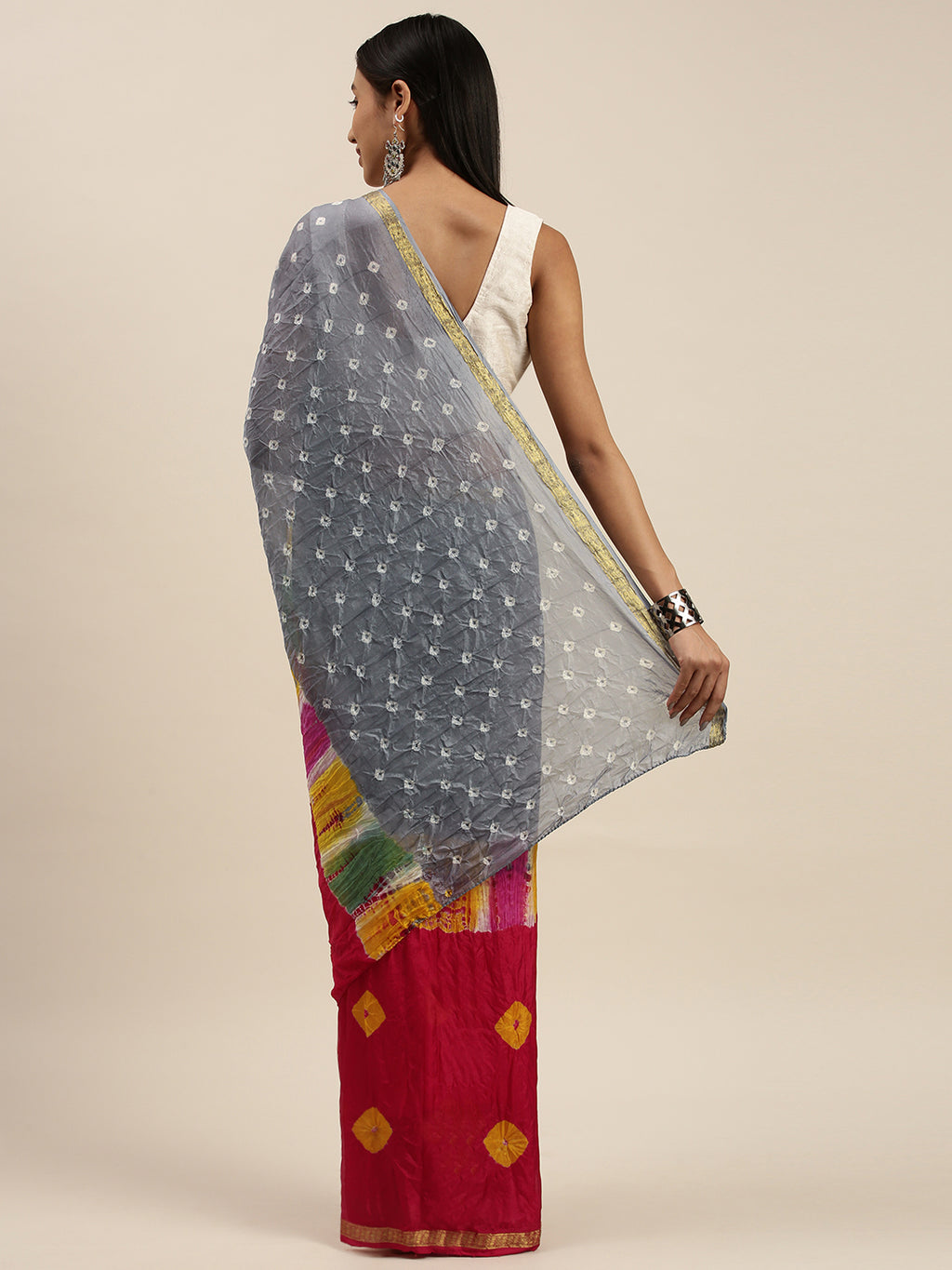 Red & Grey Bandhani Art Silk Saree With Zari Border
