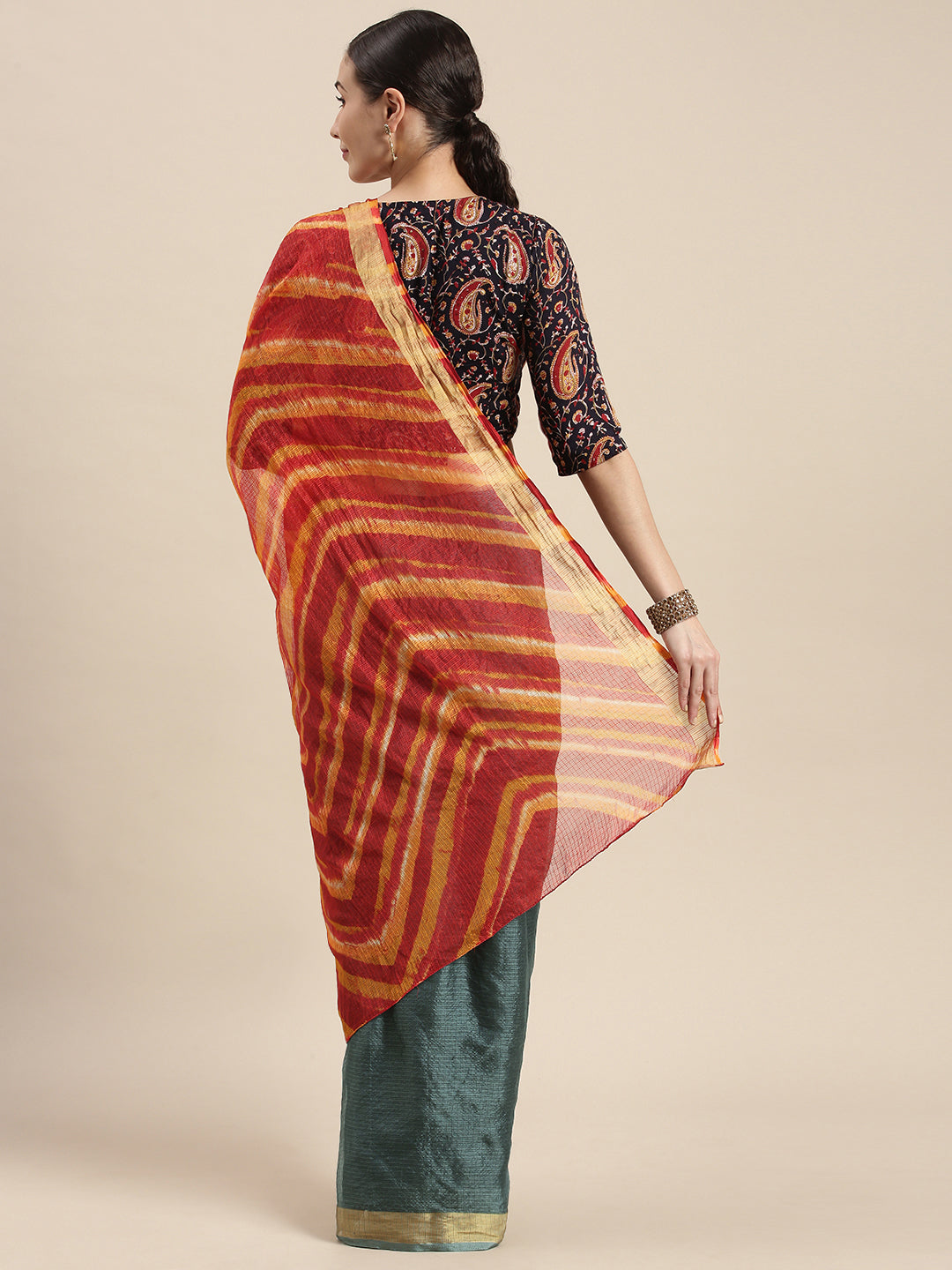 Multi Color Hand Dyed Leheriya Zari Border Kota Doria Silk Saree