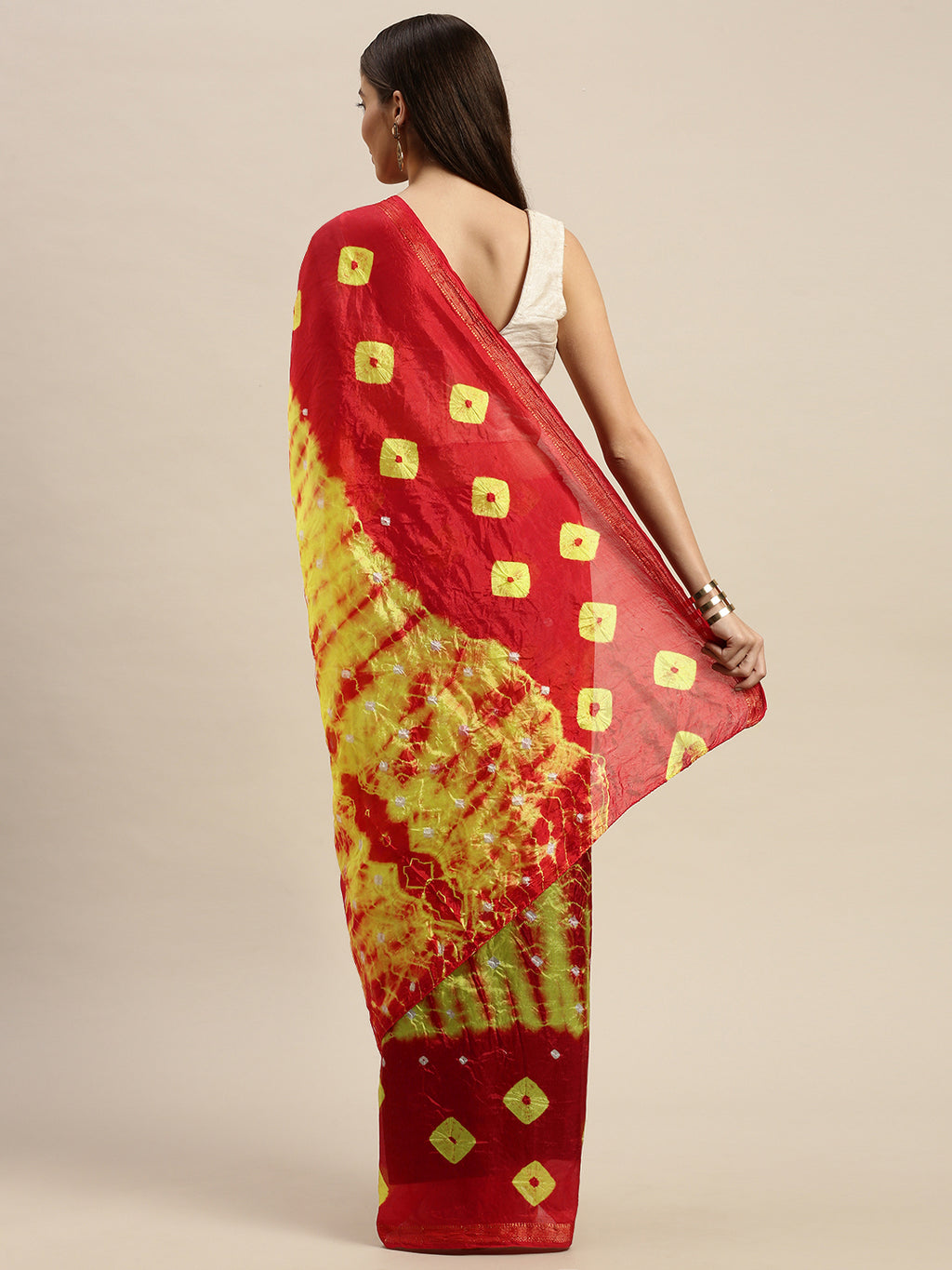 Red-Yellow Bandhani Art Silk Saree With Zari Border