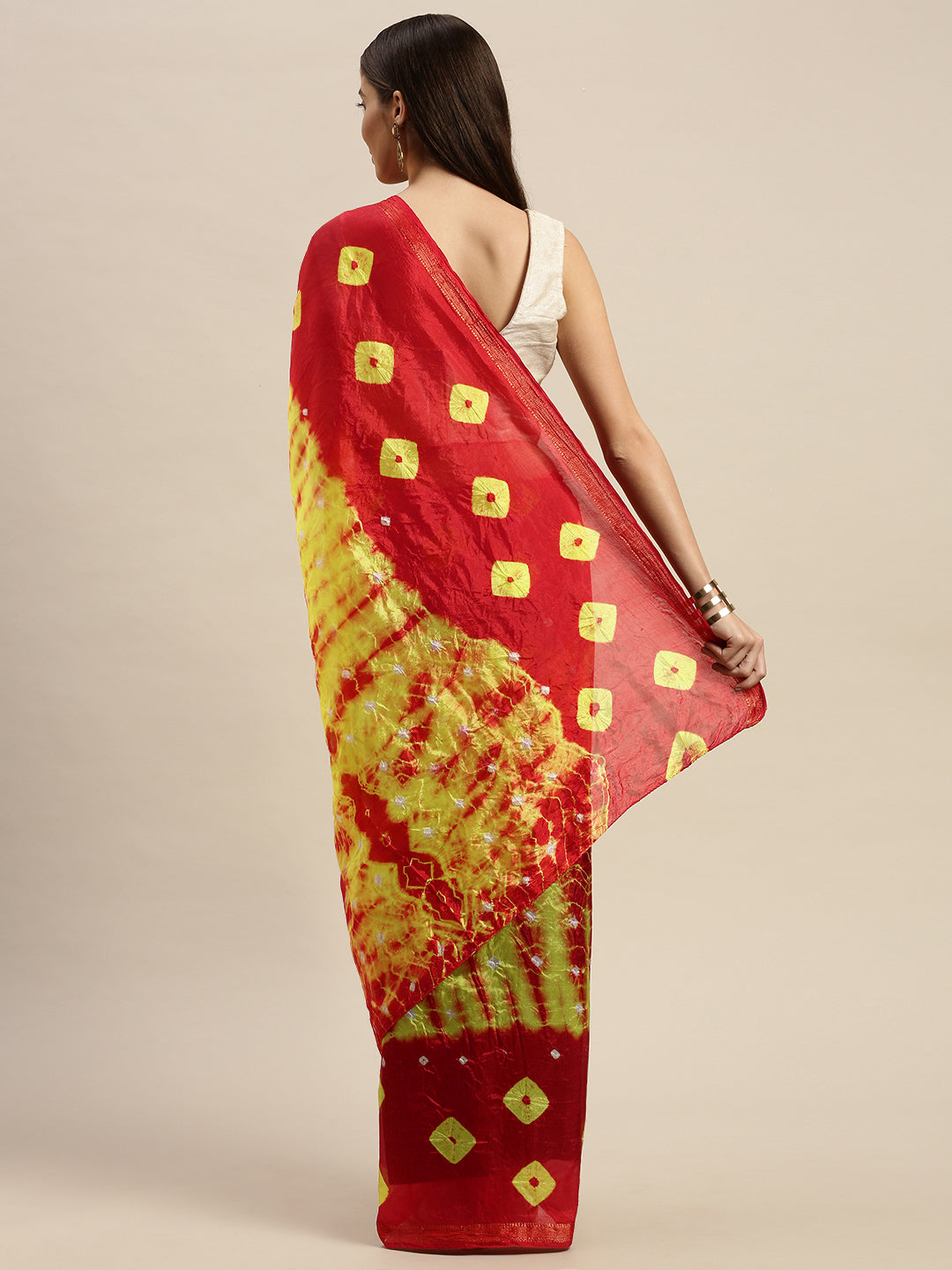 Red-Yellow Bandhani Art Silk Saree With Zari Border