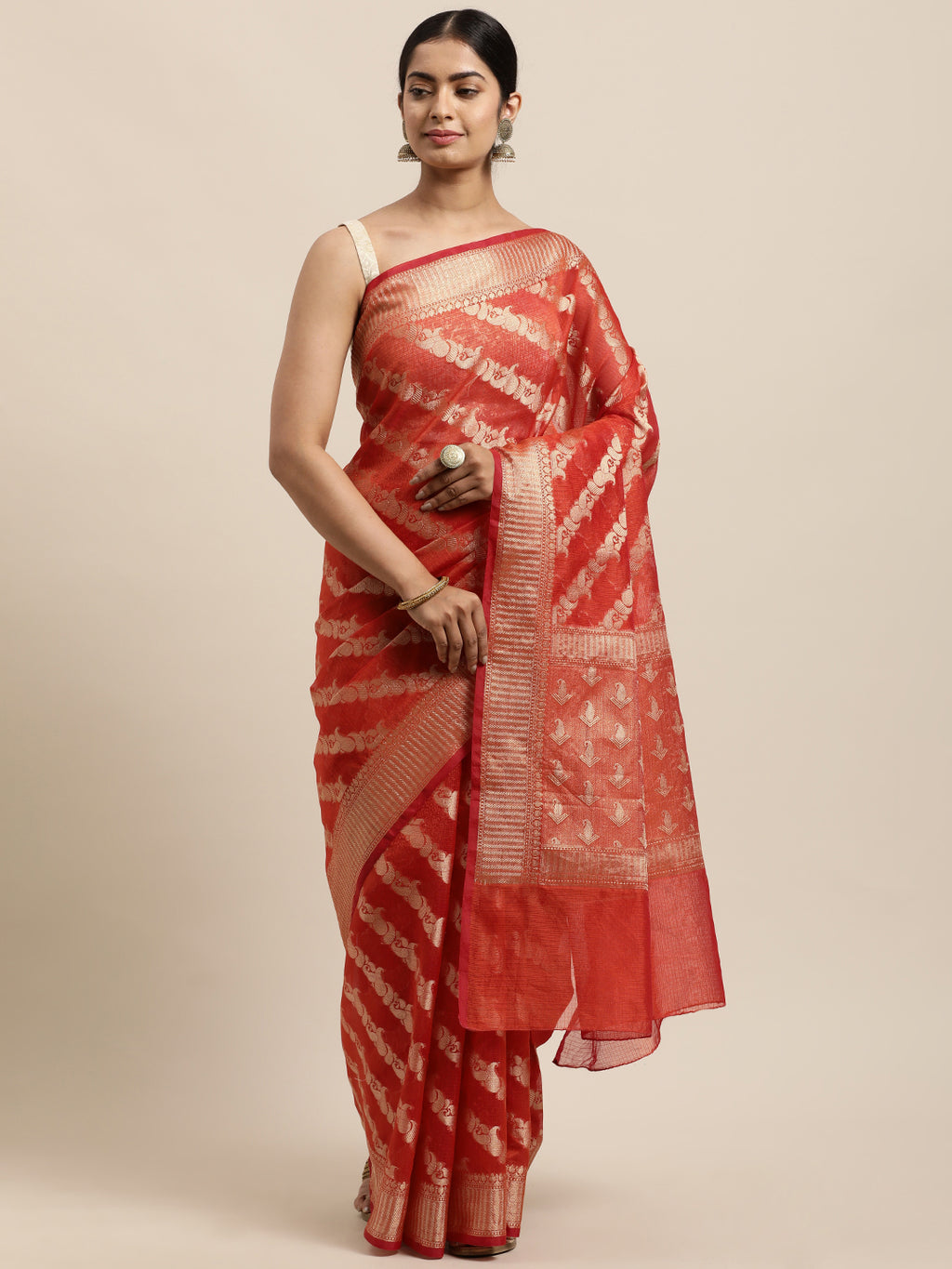 Orange Woven Design Zari Cotton Silk Kota Saree