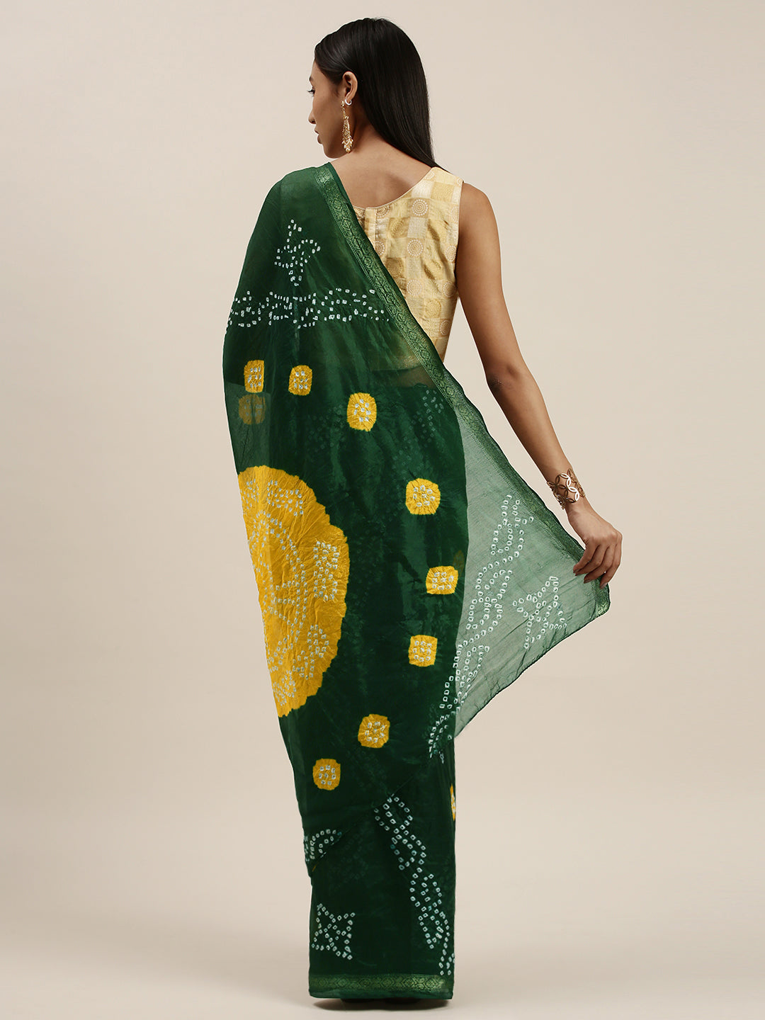 Green Hand Dyed Bandhani Zari Work Art Silk Saree