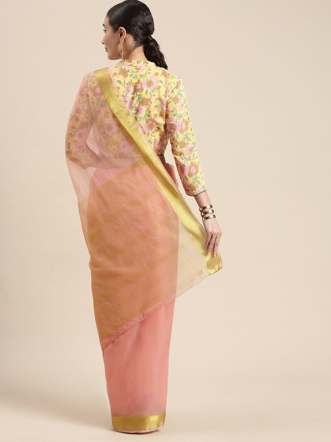 Pink Zari Border Organza Saree